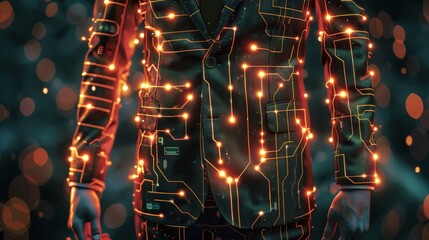 A digital art background featuring a suit with circuit patterns integrated into the design