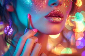 Close-up of a woman applying vibrant glitter makeup, with colorful bokeh lights in the background, creating a playful and dazzling look.