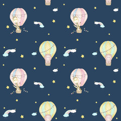 Sky Happy Baloon Seamless Patterns
with bear and giraffe in hot air ballons, clouds, rainbow and stars. Hand drawn watercolor illustration for wallpapers or textile, isolated print for your design.