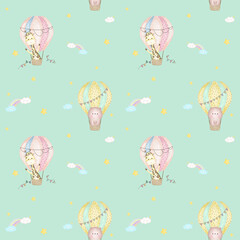 Sky Happy Baloon Seamless Patterns
with bear and giraffe in hot air ballons, clouds, rainbow and stars. Hand drawn watercolor illustration for wallpapers or textile, isolated print for your design.