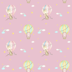 Sky Happy Baloon Seamless Patterns
with bear and giraffe in hot air ballons, clouds, rainbow and stars. Hand drawn watercolor illustration for wallpapers or textile, isolated print for your design.