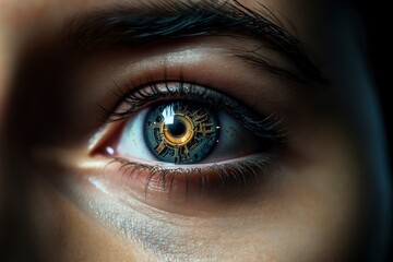 Fototapeta premium Futuristic AI eye with a digital interface, depicting the intersection of biotechnology and artificial intelligence