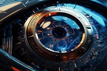 Futuristic AI eye with a digital interface, depicting the intersection of biotechnology and artificial intelligence