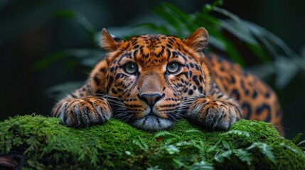Leopard Resting on a Mossy Surface in a Forest