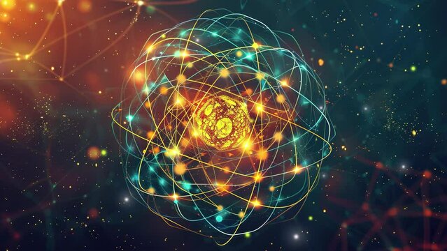 Abstract background with an atom. Atom structure with glowing particles on dark background. Background Microscopic atomic particle system. Atomic structure. Science.