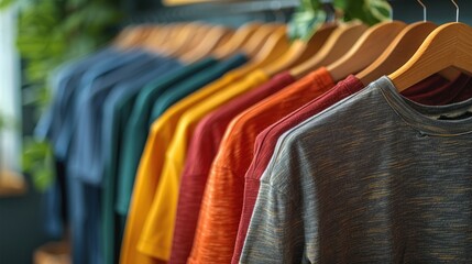 Obraz premium Colorful T-Shirts Hanging on Wooden Hangers