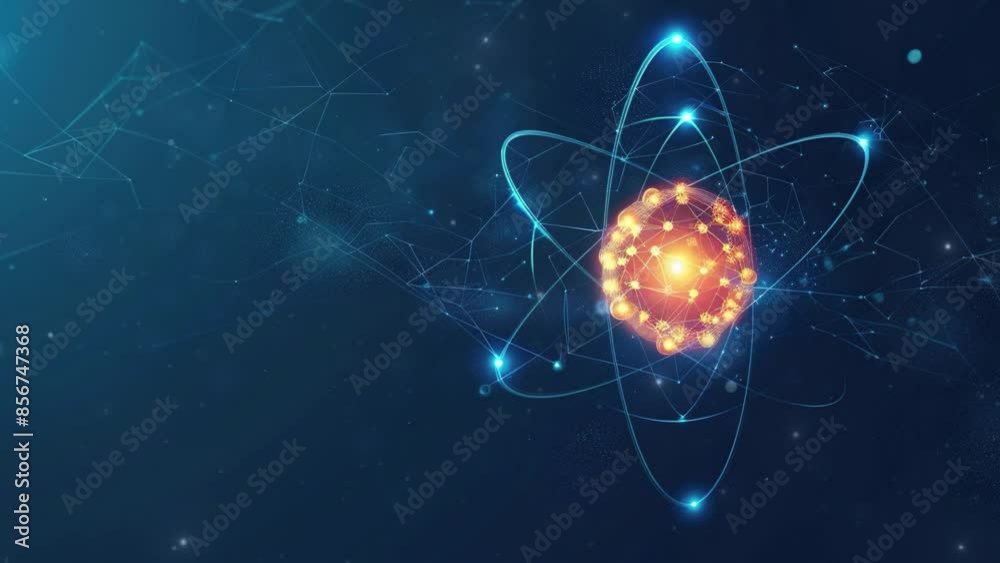 Wall mural abstract background with an atom. atom structure with glowing particles on dark background. backgrou