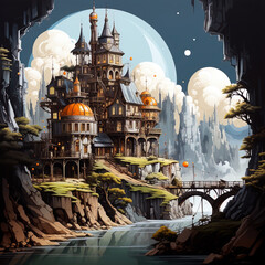 Fantasy world with fairy tale house in surrealistic environment.