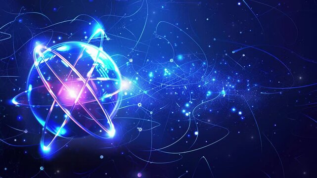 A vector illustration of an atom with glowing neon colored. Abstract futuristic neon colorful atom model. Abstract background with an atom. Science. Atomic structure.