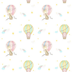 Sky Happy Baloon Seamless Patterns
with bear and giraffe in hot air ballons, clouds, rainbow and stars. Hand drawn watercolor illustration for wallpapers or textile, isolated print for your design.