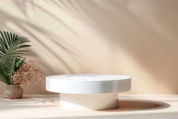 White Round Podium with Palm Leaf and Dried Flowers