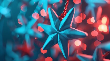 Close-up of blue star ornaments hanging with bokeh lights in the background, creating a festive ambiance.