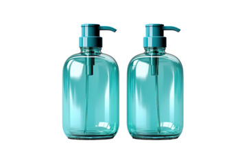A Pair of Teal Glass Pump Bottles, Ready to Be Filled With Liquid Sunshine on a Clear PNG or White Background.