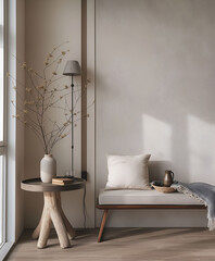 Modern nordic minimalist interior design. Aesthetic scandinavian elegant living room design. Copy space mock up. Clean walls for decoration in the apartment. Neutral palette of natural colors.