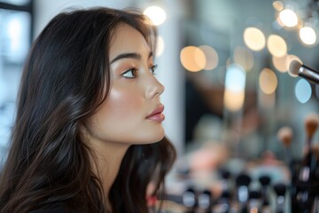 Obraz premium Woman with cat-eye makeup in a serene setting.