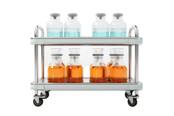A Laboratory Cart With Glass Bottles of Liquid on Two Shelves on a Clear PNG or White Background.