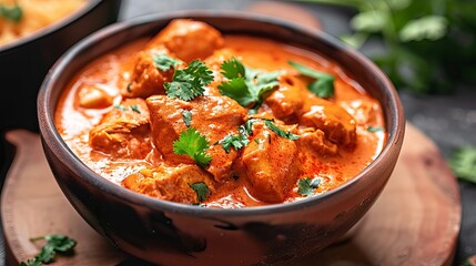 Fototapeta premium A delicious butter chicken curry dish from Indian cuisine, featuring tender pieces of chicken cooked in a rich, creamy tomato-based sauce.