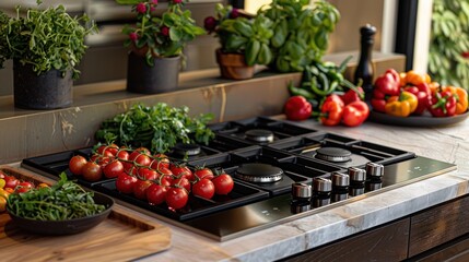 Modern Kitchen with Fresh Ingredients and a Gas Stovetop