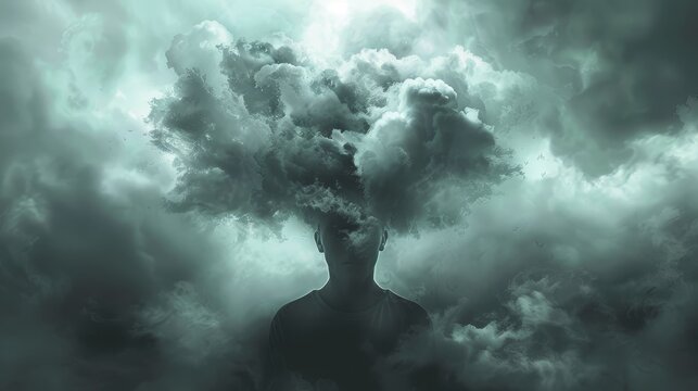 Person with cloud head in moody backdrop - A conceptual image with a person's head replaced by a dark, stormy cloud in an eerie setting