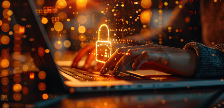 A person typing on their laptop with an illuminated padlock icon floating above the keyboard, surrounded by digital code and cyber security symbols. 