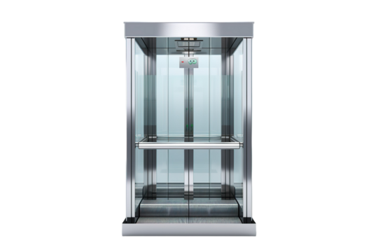 A Modern Glass Elevator Cabin Awaiting Its Passengers on a Clear PNG or White Background.