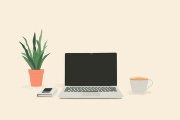 Fototapeta premium drawing of a stylish desktop with a laptop, a plant and a cup of coffee