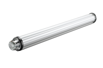 A Single Silver Fluorescent Bulb Against a Pristine White Background on a Clear PNG or White Background.
