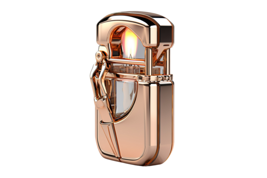 A Rose Gold Flame Ignites on a Unique Lighter Design on a Clear PNG or White Background.