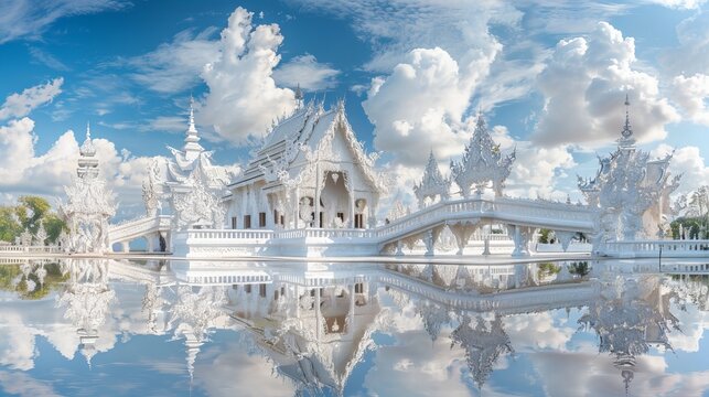 The White Temple in Chiang Rai, Thailand, known as Wat Rong Khun, with its stunning architecture reflected in a serene pond.