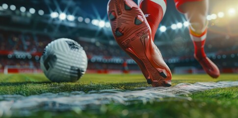 Close up of a soccer striker ready to kicks the ball in the football goal. Soccer scene at night match with player kicking the ball with power