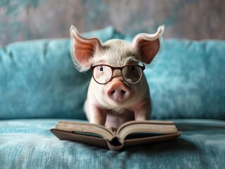 Cute piglet wearing glasses reading a book on a blue couch. Adorable pig immersed in reading, showcasing intelligence and curiosity.