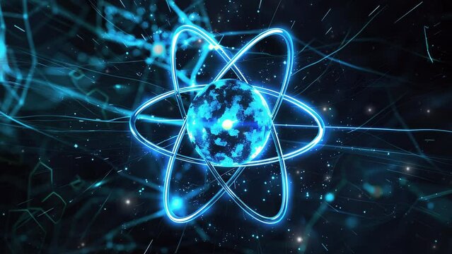 Atomic structure. Glowing atom symbol with electrons. Neon blue glowing atom symbol. Background Microscopic atomic particle system. Abstract background with an atom. Trails orbiting atom. Science. 4K