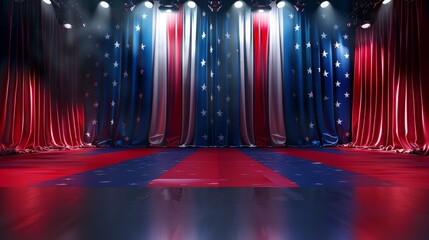 Theatrical stage with patriotic curtains - A theater stage adorned with American flag-designed curtains, suggesting a patriotic performance or event
