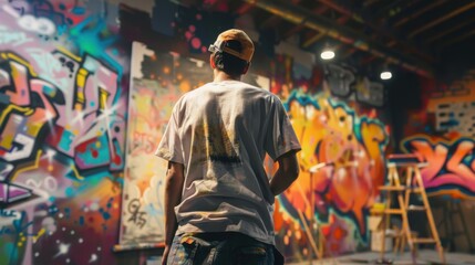 Back view of a graffiti artist at work.