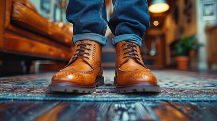 Closeup of Brown Leather Brogue Boots with Jeans