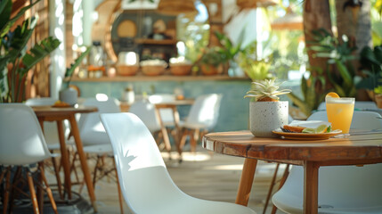 A photo of an outdoor cafe table with white chairs and wooden top, with a mirror in the background showing a view inside of a modern dining area with large round tables and chairs around each one.