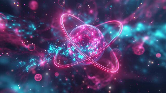 A vector illustration of an atom with glowing neon colored. Abstract futuristic neon colorful atom model. Abstract background with an atom. Science. Atomic structure.