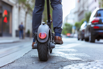 Elegant modern issue person driving to office using ecological transport, minding ecology protection, Generative AI