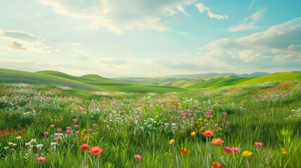 Fototapeta premium Rolling green fields dotted with blooming wildflowers, creating a colorful tapestry under a bright sky.