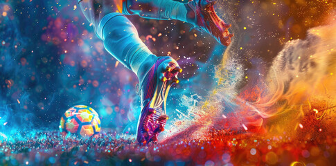 Close up of a soccer striker ready to kicks the ball in the football goal. Soccer scene at night match with player kicking the ball with power