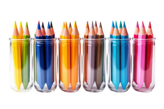 A Spectrum of Color in Glass Jars Against a White Background on a Clear PNG or White Background.