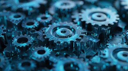 Complex metallic gear mechanism close-up - Close-up image of intricate metallic gears with a central illuminated gear, symbolizing concepts of industry and precision engineering