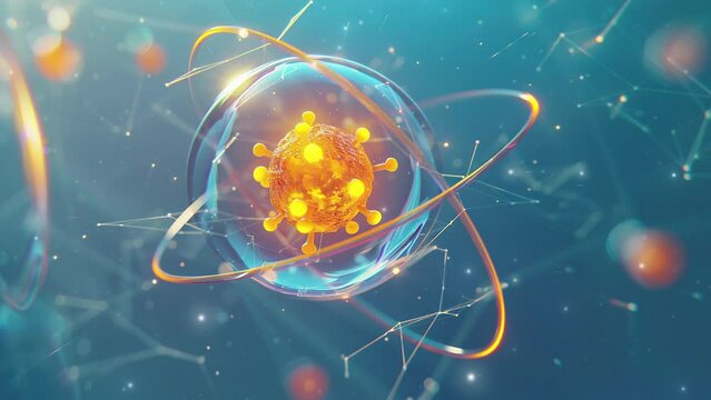 Abstract background with an atom. Atom structure with glowing particles on dark background. Background Microscopic atomic particle system. Atomic structure. Science.