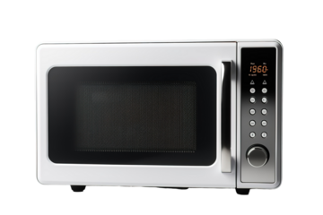 A Sleek White Microwave With a Digital Display and Stainless Steel Accents Ready for Kitchen Duties on a Clear PNG or White Background.