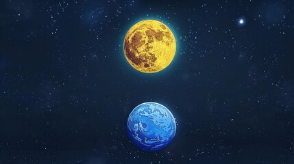 Two planets in a starry space scene - Digital illustration depicting two planets against a backdrop of a star-filled sky Suitable for scientific and fantasy concepts