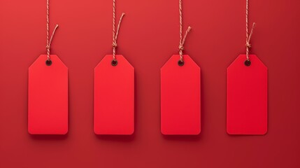 Red tags hanging against a red background - Four blank red tags suspended against a matching red backdrop symbolizes sales, identity, and branding