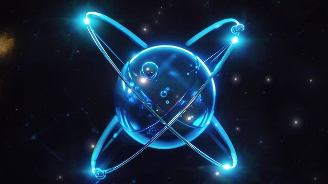 Atomic structure. Glowing atom symbol with electrons. Neon blue glowing atom symbol. Background Microscopic atomic particle system. Abstract background with an atom. Trails orbiting atom. Science. 4K