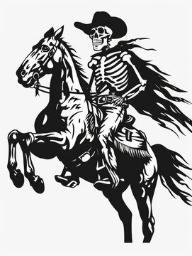 recommend clip art: A black and white illustration of a skeleton wearing a cowboy hat riding a horse