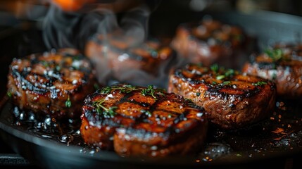 Close-Up of Sizzling Grilled Steaks with Thyme and Smoke