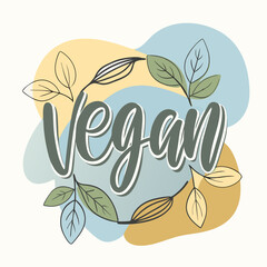 Naklejka premium The word vegan is in leaves on a naturethemed colorful background